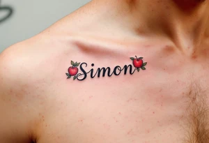 Simon in a bold, classic font, framed by vibrant red apples and green leaves. tattoo idea