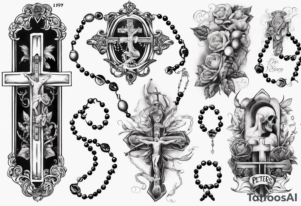 men’s arm sleeve, rosary, the name Peters, 1997, tattoo idea