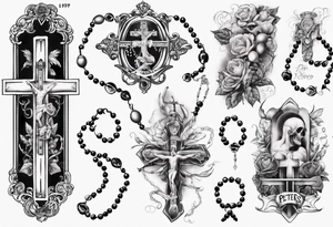 men’s arm sleeve, rosary, the name Peters, 1997, tattoo idea