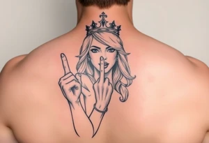 powerful blond findomme princess with crown on, holding up her middle finger laughing at you for being pathetic tattoo idea