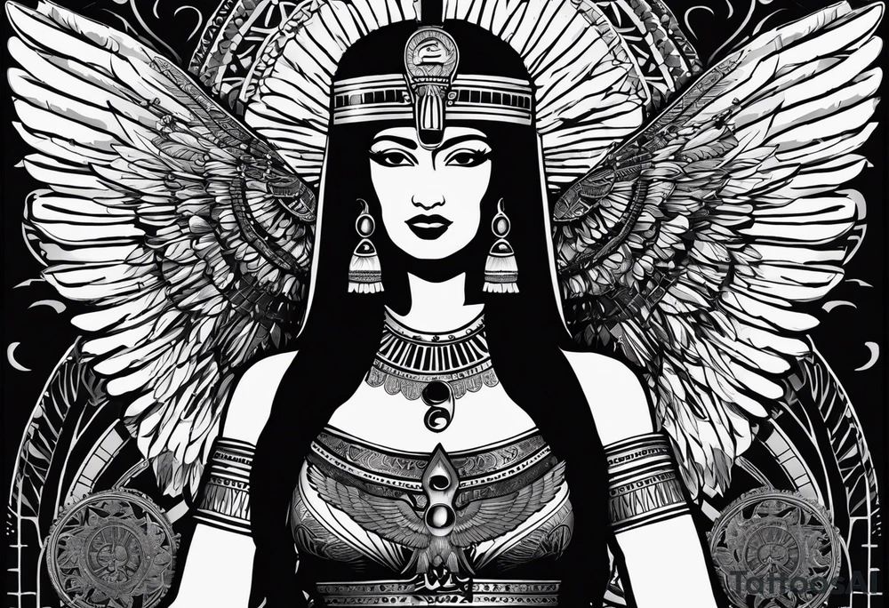 black and white Egyptian goddess Isis, who is often depicted as a woman with outstretched wings, holding an ankh (a symbol of life) in one hand and a lotus flower in the other. Her headdress often includes a throne or a solar disk. The tattoo design can vary in style and size, but it typically aims to capture the essence of this revered Egyptian deity, emphasizing her beauty, power, and maternal qualities. The choice of colors and additional elements can also be customized to create a unique and visually striking representation of the goddess Isis tattoo idea