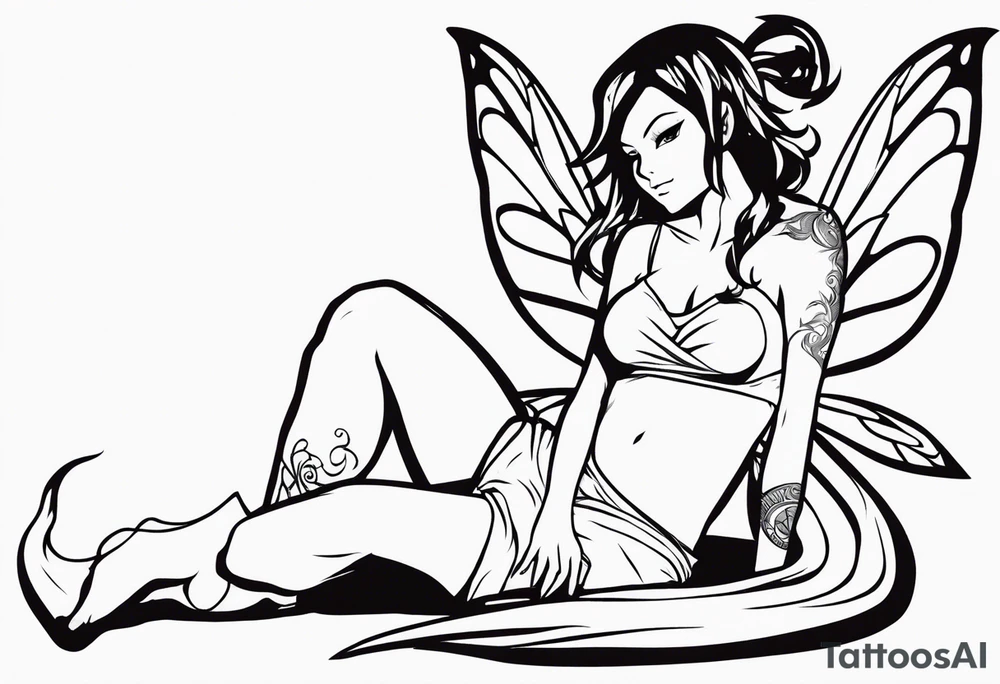 No color sketch of a fairy with a tail inspired by the guild symbol in the anime show called Fairy Tail in a fetal position leaning in and forward while crawled in tattoo idea