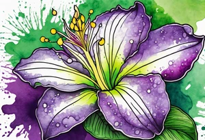 A mystical outline of a dipladenia flower and a green/purple watercolor splatter in the background to make the flower mainly green with purple highlights tattoo idea