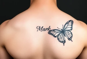 right side of chest coverup with butterflies with the name “Mark” tattoo idea