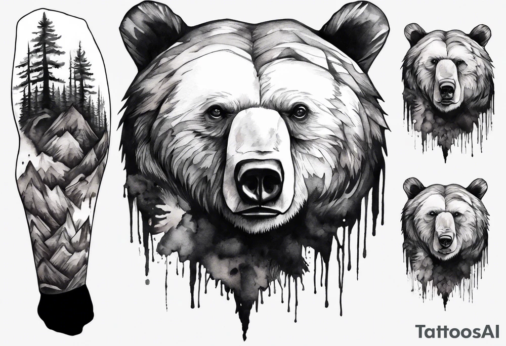 bear head right above the forest line with a lake below, full arm sleeve tattoo tattoo idea