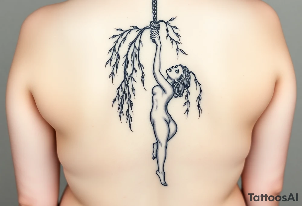 naked plus sized sexy woman hanging with a noose around her neck dying from aweeping willow tree tattoo idea
