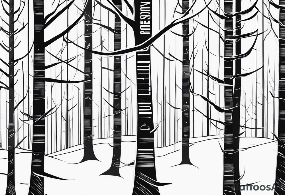 Tattoo with the words "see the forest for the trees" in any style font, around a tree in any way. black and white, tattoo, simple, elegant, pine tree, fine-line tattoo idea