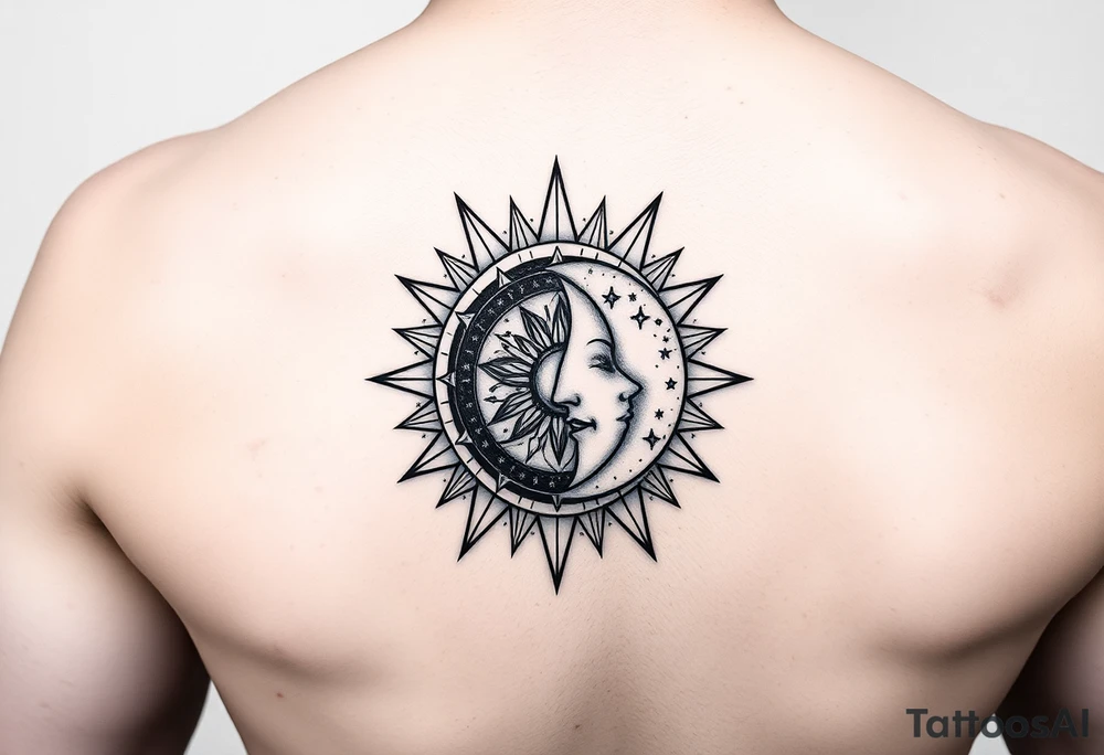 celestial sun and moon embrace with constellation patterns on forearm tattoo idea