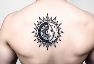 celestial sun and moon embrace with constellation patterns on forearm tattoo idea