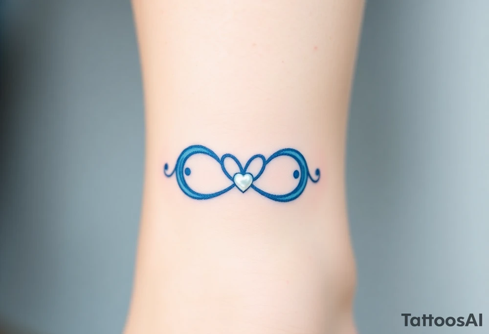 A blue infinity symbol made of delicate waves, with a small heart-shaped pearl tattoo idea