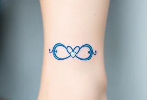 A blue infinity symbol made of delicate waves, with a small heart-shaped pearl tattoo idea