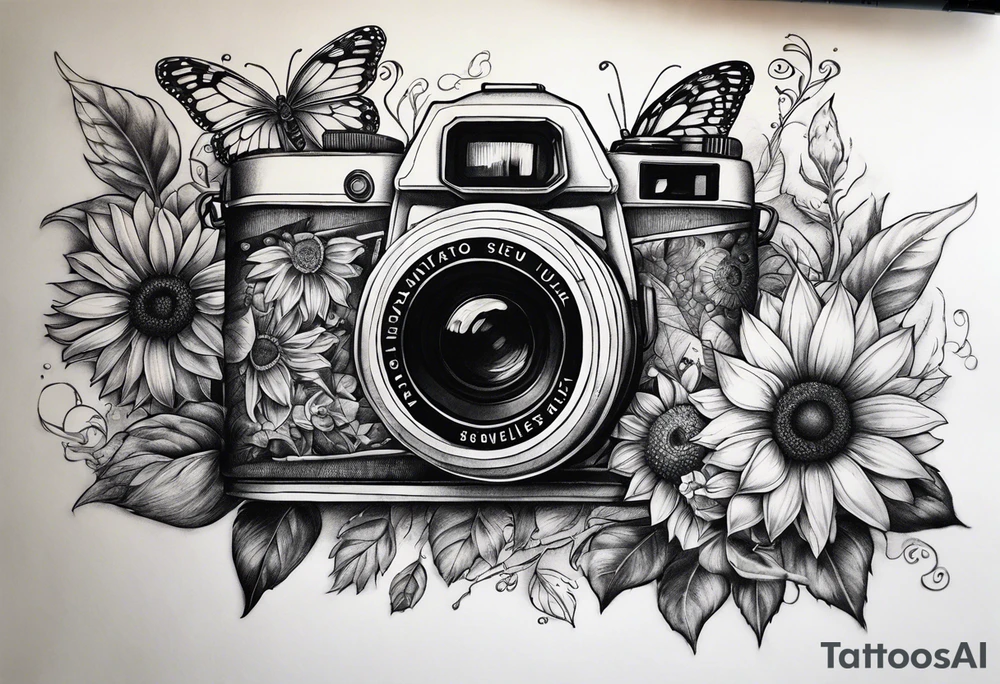 Butterfly, sunflower, camera, book tattoo idea