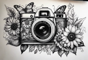 Butterfly, sunflower, camera, book tattoo idea