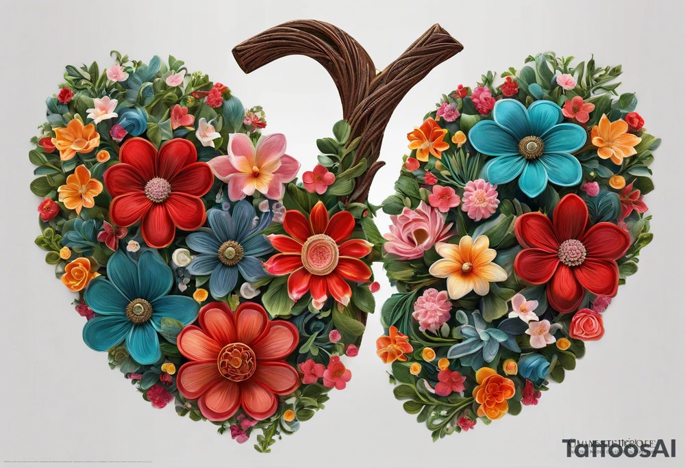 intricate and artistic arrangement of flowers and ornamental patterns that come together to form the shape of human lungs. The design should have a balance of delicacy and detail, with vibrant floral elements seamlessly intertwining to mimic the structure of the lungs, including the bronchi branching into floral motifs. Incorporate subtle shading and depth to give the tattoo a dynamic and organic feel, while maintaining elegance and symmetry tattoo idea