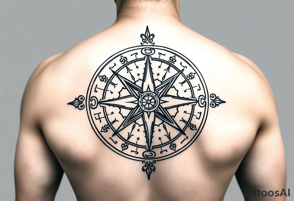 Create a line work Viking compass using symbols for protection, wisdom, and knowledge from both the Aztec and Viking cultures. Make the image very simple and able to print. Outline only not a lot of thick black use elder futhark runes for protection, wisdom and luck. tattoo idea