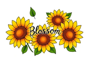 Sunflowers with “Blossom” written through the middle of them tattoo idea