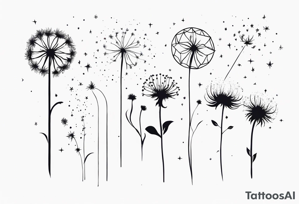 Dandelions with just breathe and the constellations cancer, Virgo, Sagittarius, Aries and Pisces as the petals tattoo idea