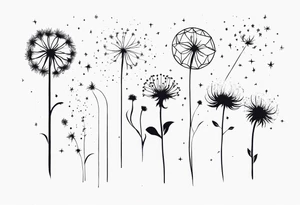 Dandelions with just breathe and the constellations cancer, Virgo, Sagittarius, Aries and Pisces as the petals tattoo idea