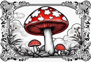 japenese clouds surrounds fly agaric mushroom tattoo idea