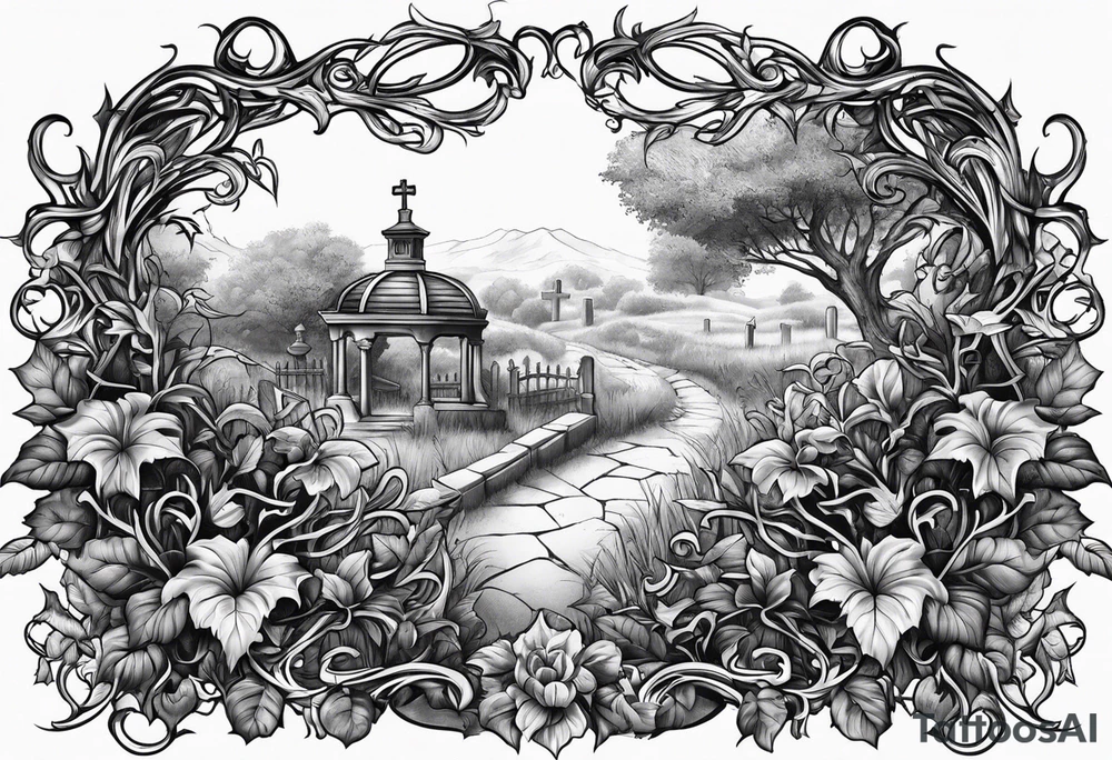 Leafy vines with grave yard tattoo idea
