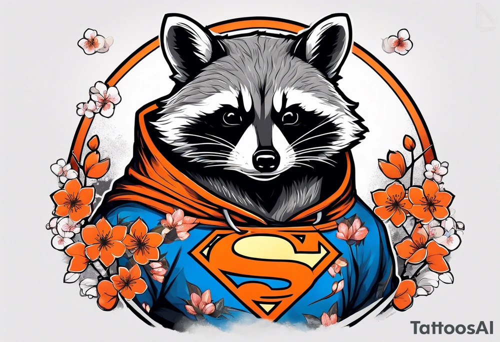 raccoon wearing a black and white Superman hoodie and orange Japanese cherry blossoms tattoo idea