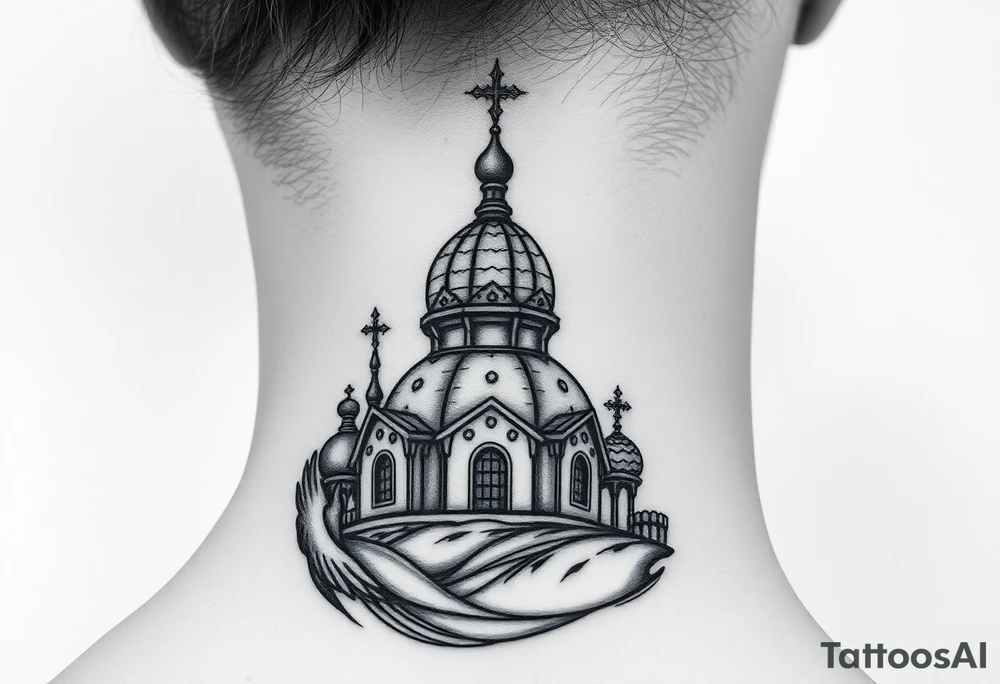 Flowing Scene

A onion dome orthodox church
Virgin Mary in prayer pose wrapping around the lower neck curve
A small eagle or just the star tucked above the dome near the hairline tattoo idea