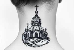 Flowing Scene

A onion dome orthodox church
Virgin Mary in prayer pose wrapping around the lower neck curve
A small eagle or just the star tucked above the dome near the hairline tattoo idea