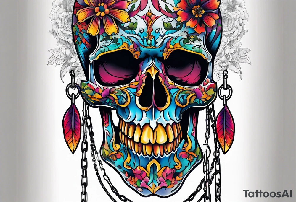 Tattoo in the neck of a skull freeing itself from its chains preventing it from speaking. tattoo idea