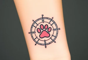 A compass design with a paw print at the center and description PAW PATROL tattoo idea