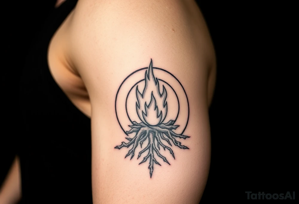 a round flame imprisoned in a roots circle tattoo idea