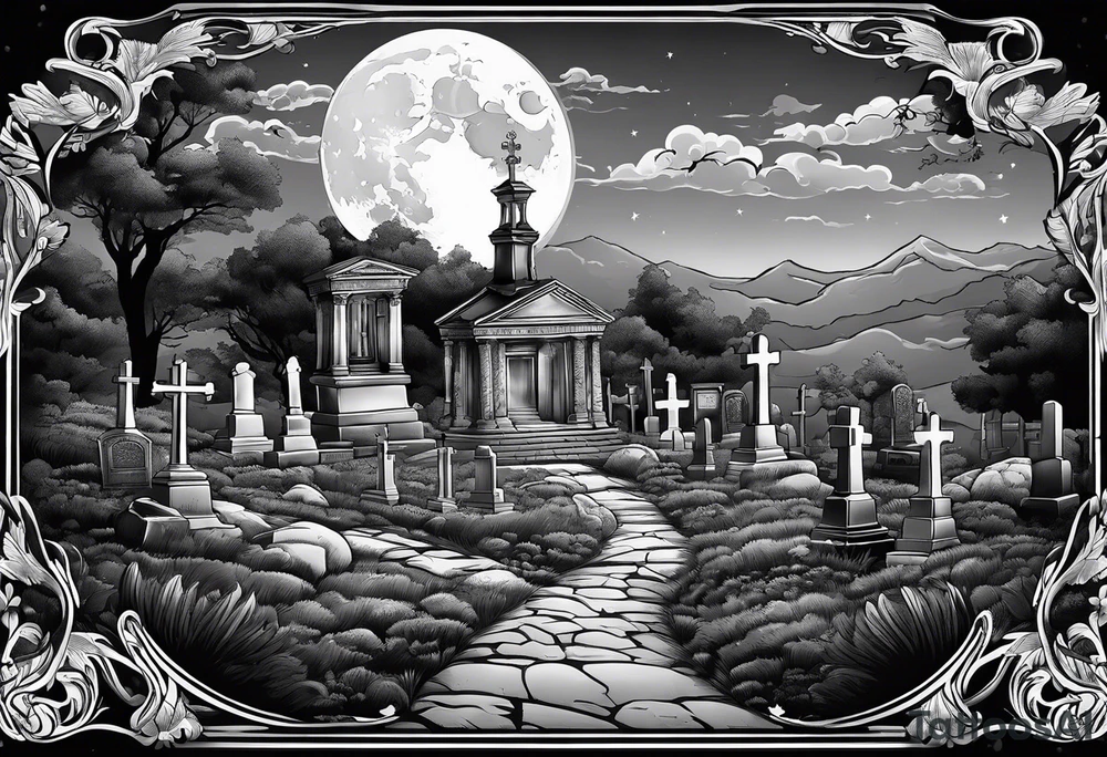 Cemetery on hills with smoke and moon tattoo idea