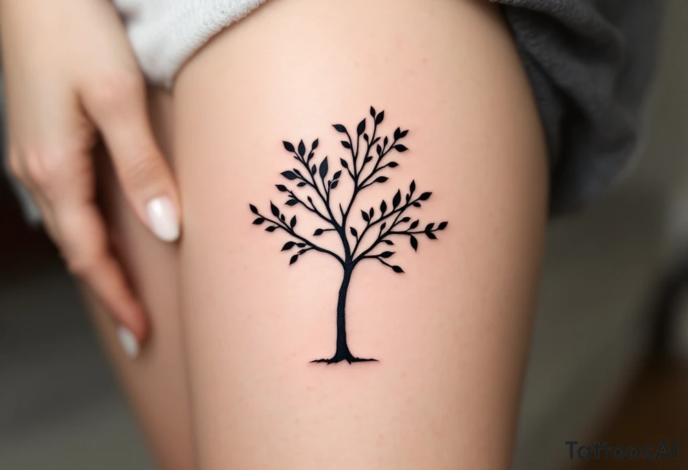 Minimalist black ink tree silhouette, each leaf a birth year: 1956, 1979, 2003, 2007, subtly placed on the tips of the branches. Monochrome palette with grayscale shading. tattoo idea