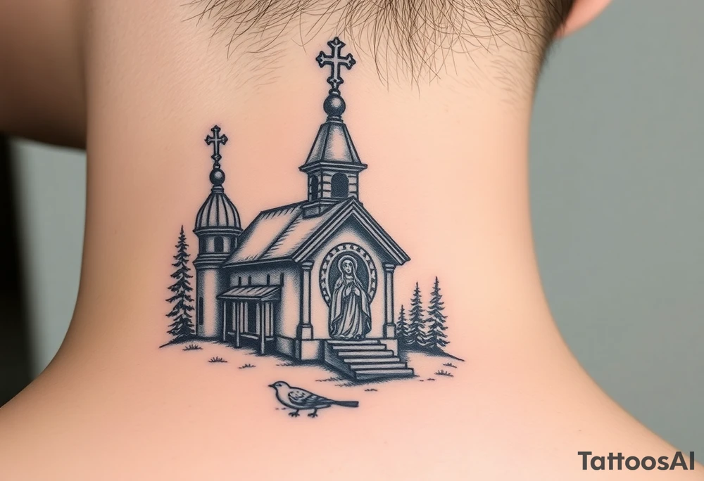 Traditional russian orthodox church in a wilderness setting with a prominent orthodox style virgin mary tattoo idea