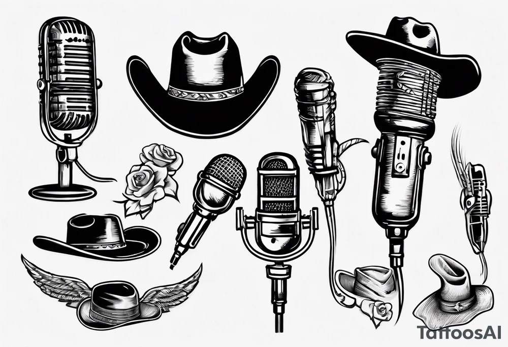 Old school broadcast microphone with cowboy hat on top tattoo idea