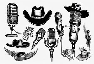 Old school broadcast microphone with cowboy hat on top tattoo idea