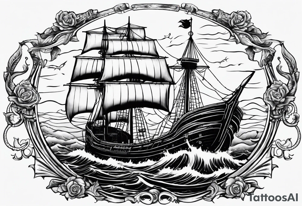 A sale ship sinking with two mermaids, either side, one which is trying to save the boat and one which is trying to help sink it tattoo idea A sale ship sinking with two mermaids, either side, one which is trying to save the boat and one which is trying to help sink it tattoo idea