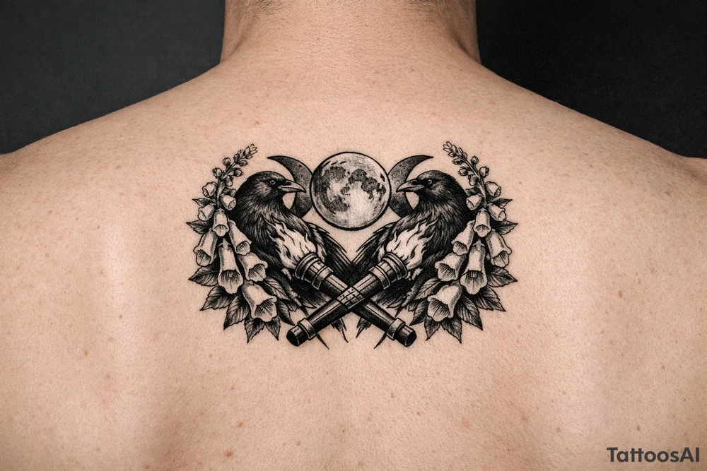A stylized triple moon with ravens and crossing torches, framed by foxglove for chest tattoo idea
