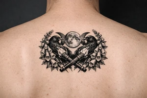 A stylized triple moon with ravens and crossing torches, framed by foxglove for chest tattoo idea