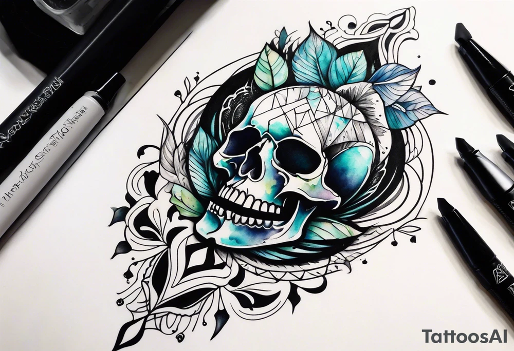 knee tattoo with skull and water colors and shapes tattoo idea