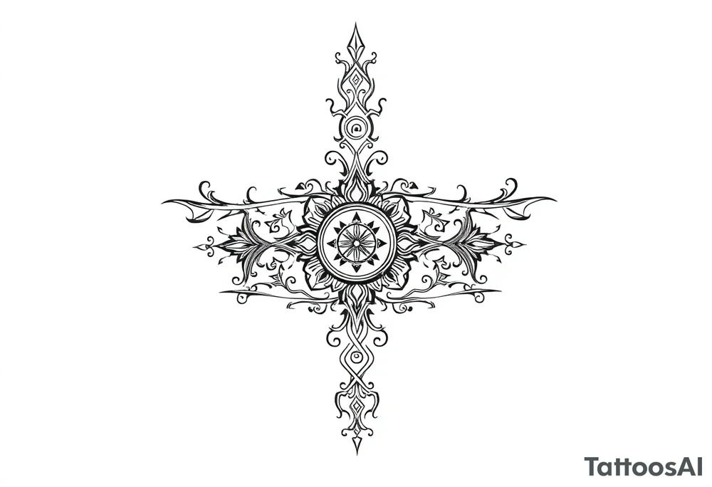 mystical long ornament tattoo with shaman and witch style and ancient rhyme letters outside tattoo idea