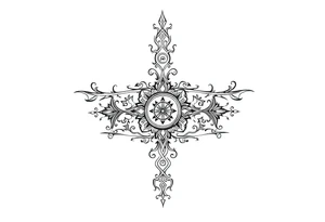 mystical long ornament tattoo with shaman and witch style and ancient rhyme letters outside tattoo idea