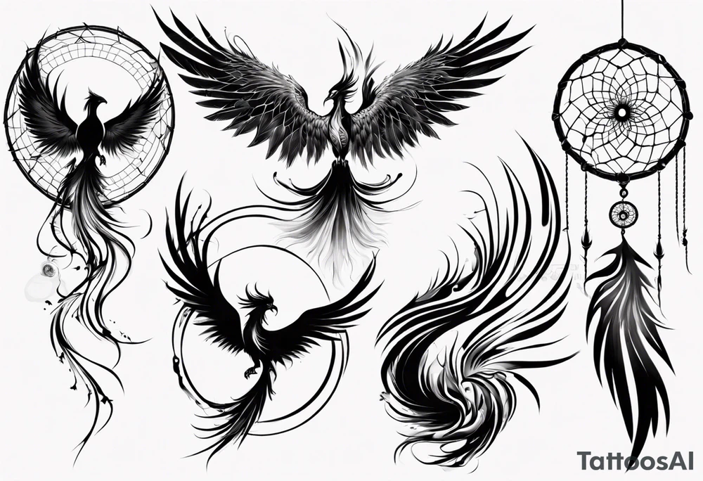 Vertical angry flying Phoenix with wings blending into circles and a long abstract dream catcher feather tail tattoo idea