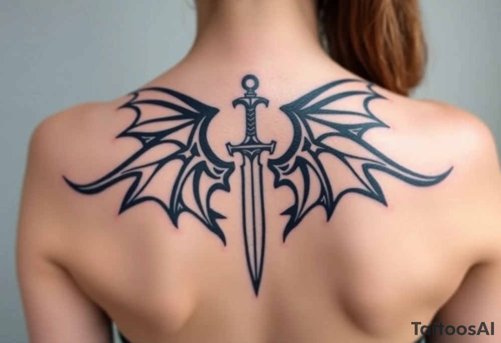 Dragon wings with sword in middle tattoo idea