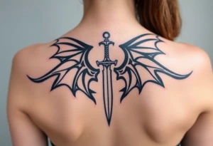 Dragon wings with sword in middle tattoo idea