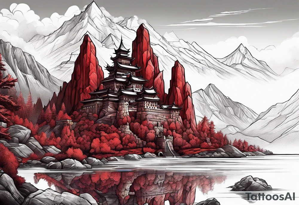 red mountains which there are two fantasies castles tattoo idea