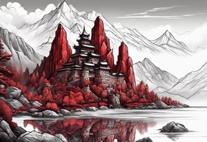red mountains which there are two fantasies castles tattoo idea