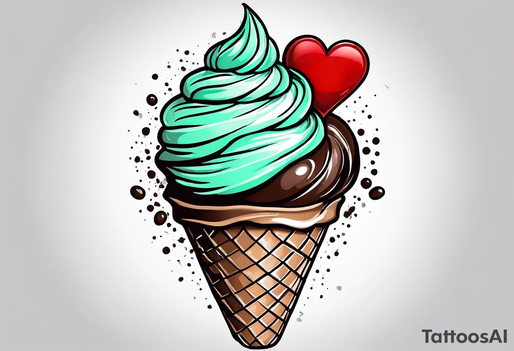 simple mint chocolate chip ice cream cone with small red heart on it somewhere. tattoo idea