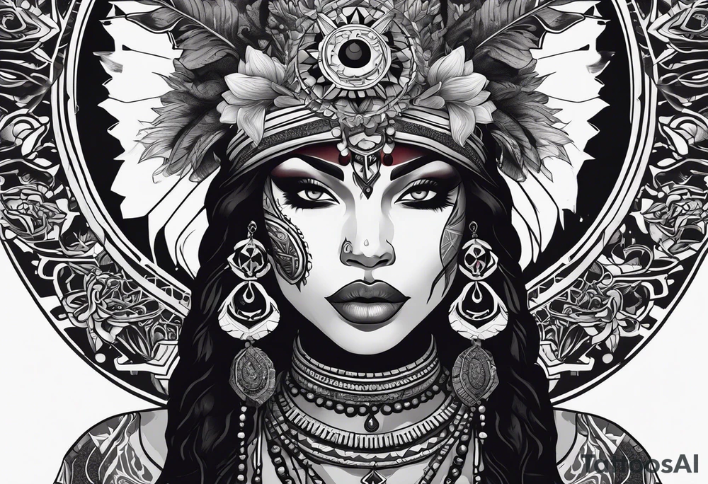 valkrye, kali, pirate, african goddess, , warrior, native american, lotus, zenza resonance, skulls, pachamama, left side face, chest, right wing, tattoo idea