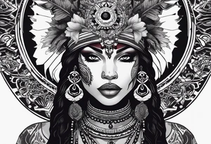 valkrye, kali, pirate, african goddess, , warrior, native american, lotus, zenza resonance, skulls, pachamama, left side face, chest, right wing, tattoo idea