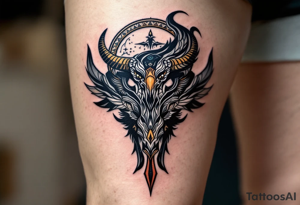 a falcon blended with a bull and has Dayak heritage and planetary aspect of Venus tattoo idea